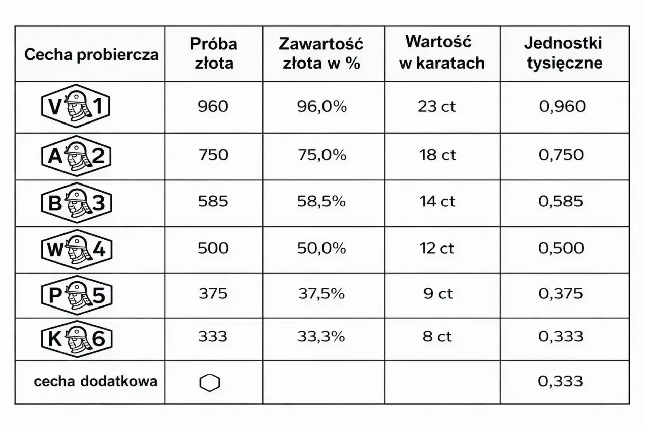 Tabela z próbami złota: od 960 (96%) do 333 (33,3%). Określa zawartość złota, wartość w karatach i jednostki tysięczne. Przydatne przy skupie złota.