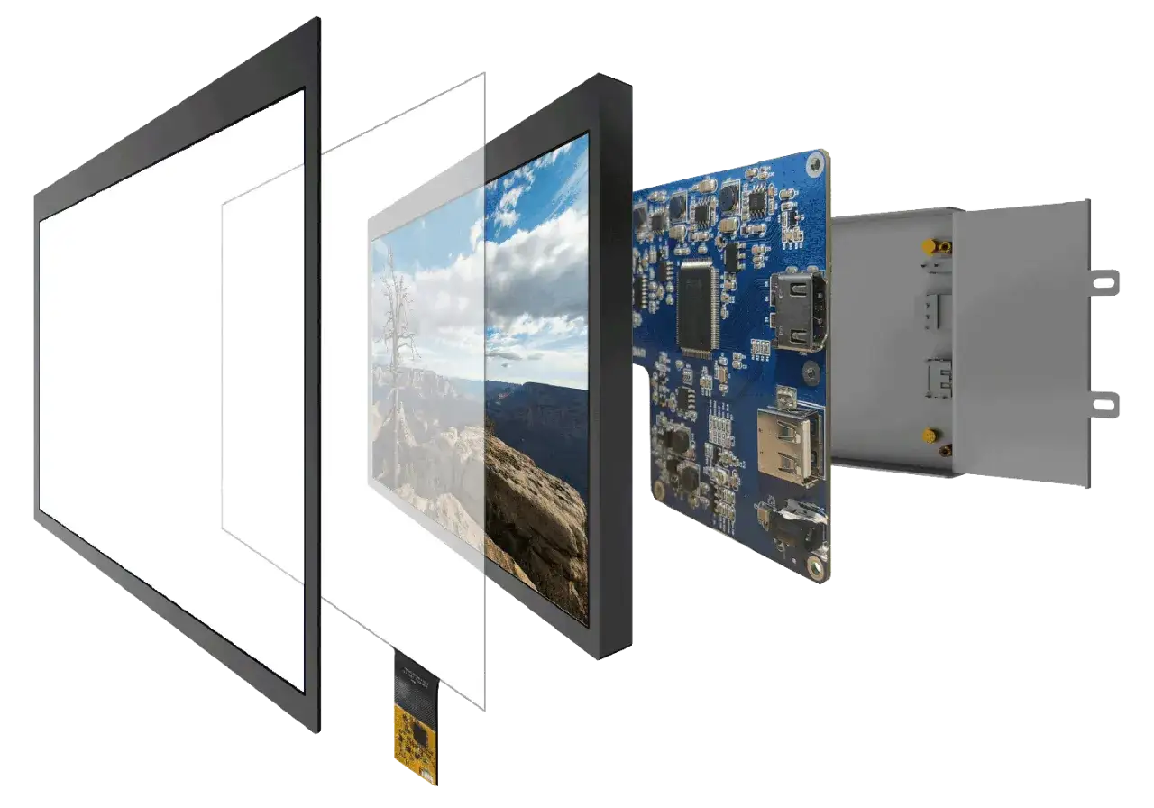 Explodierte Ansicht eines Displays mit IPS-Technologie, das eine Leiterplatte mit Anschlüssen und ein Gehäuse zeigt.