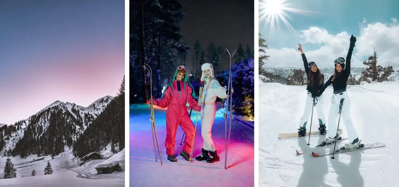 Trzy sceny zimowe: góry o zachodzie słońca, dwie kobiety w retro kombinezonach narciarskich w nocnym apres ski, dwie kobiety cieszące się słońcem na stoku.