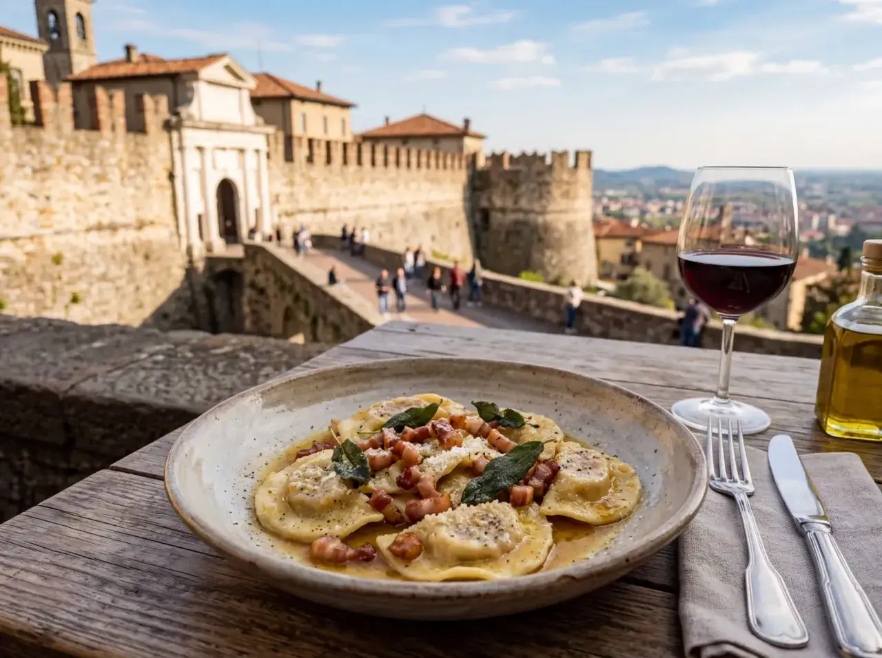 Ravioli con pancetta e salvia, un bicchiere di vino rosso e una vista mozzafiato: perfetti per le gite in giornata da Milano.