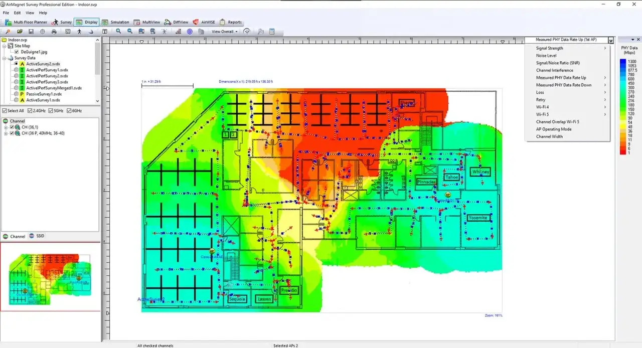 A heat map of a building floor plan showing Wi-Fi signal strength, part of wireless network optimization tools.