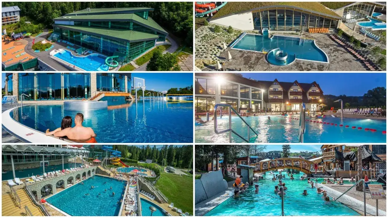 Relaks w termach w okolicach Zakopanego: baseny zewnętrzne i wewnętrzne, zjeżdżalnie, jacuzzi, widok na góry.