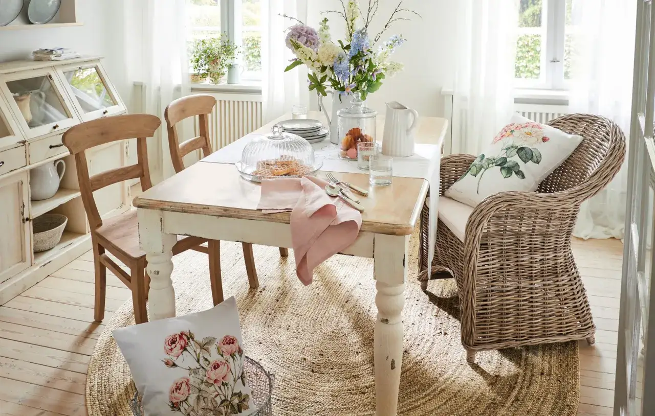 Comedor con encanto shabby chic: mesa de madera desgastada, sillas de mimbre y madera, vajilla delicada y flores.