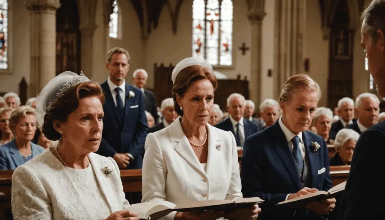 Trois femmes élégantes, dont une marraine de baptême, écoutent attentivement un discours dans une église.