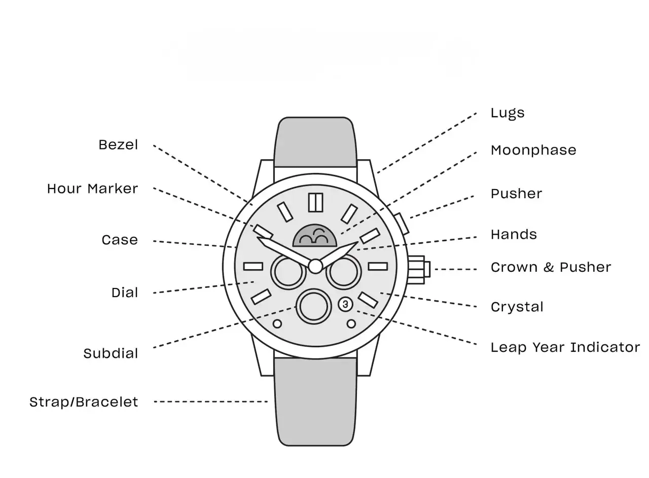 Diagrama detallado de que es la caja de un reloj, mostrando sus partes: bisel, marcadores de hora, caja, dial, subdial, correa, asas, fase lunar, pulsador, manecillas, corona, cristal e indicador de a&ntilde;o bisiesto.