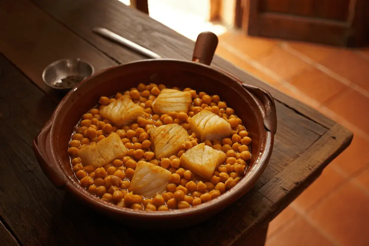 Un plato de garbanzos con trozos de bacalao, listo para ser cocinado. Una de las muchas recetas de bacalao.