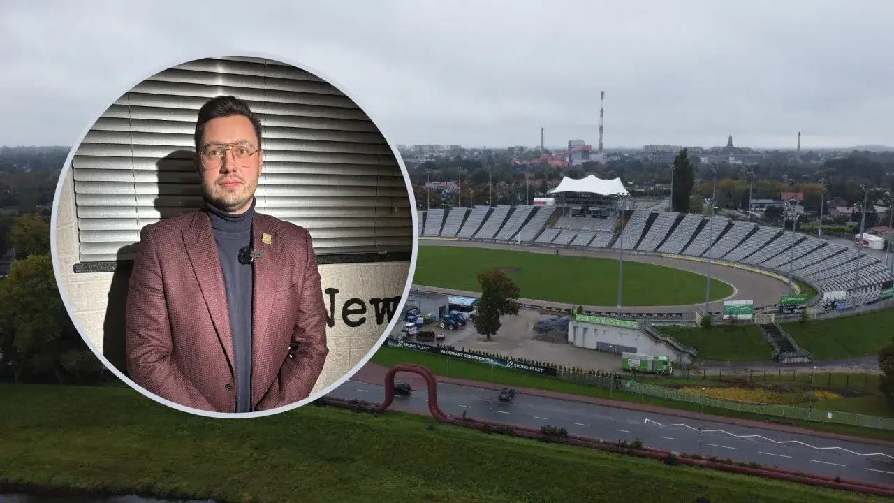 Mężczyzna w garniturze na tle stadionu Wł&oacute;kniarz Częstochowa.