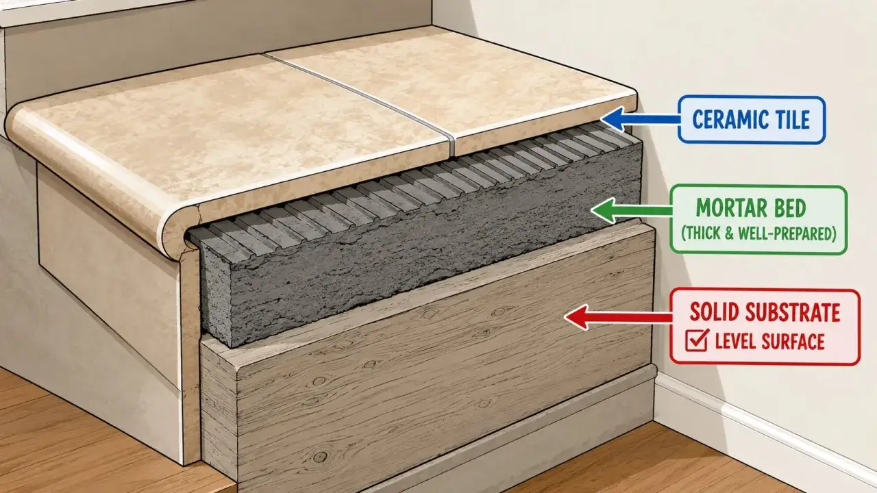 Cross-section of a tile floor installation showing ceramic tile, a thick mortar bed, and a solid substrate with a level surface.