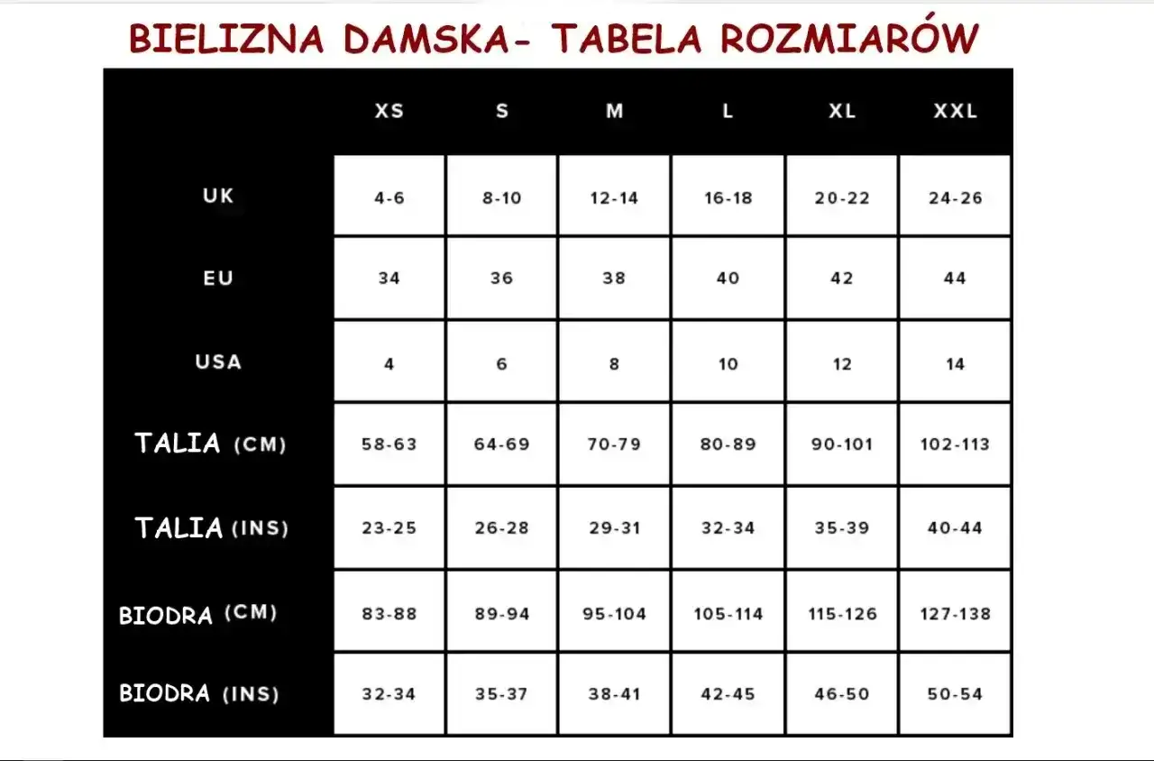 Tabela rozmiarów bielizny damskiej. Rozmiar 3XL odpowiada EU 44, UK 24-26, USA 14, talii 102-113 cm i biodrom 127-138 cm.