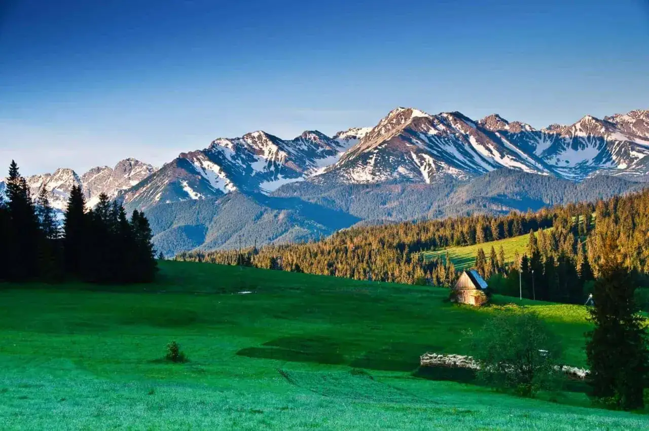 Malownicze Tatry, idealne na wycieczki objazdowe z Krakowa. Zielone hale, lasy i ośnieżone szczyty.