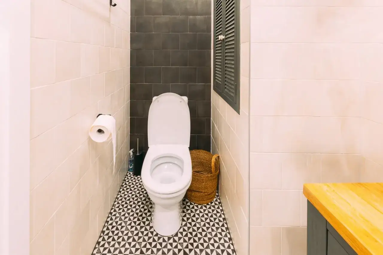 Toilettes blanches au design moderne, avec un papier toilette &agrave; gauche et un panier en osier &agrave; droite. La couleur toilette est classique et s'int&egrave;gre bien au d&eacute;cor.