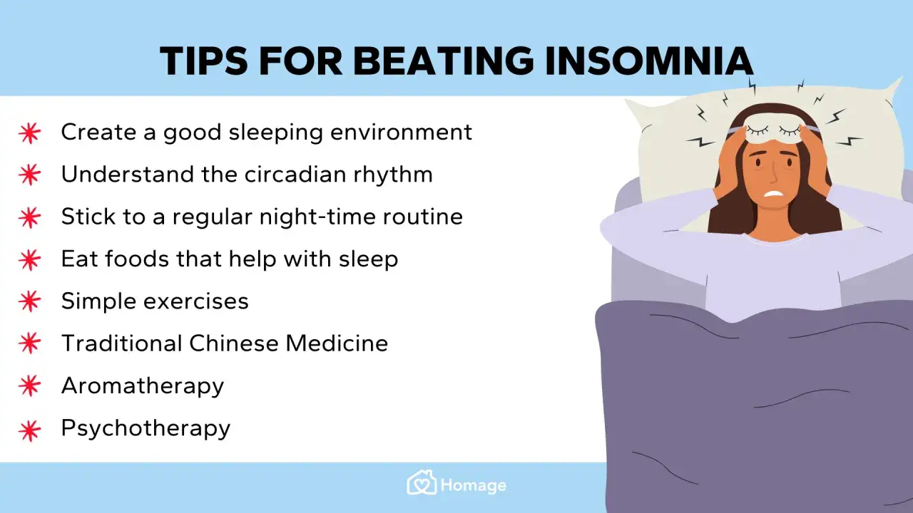Conseils pour vaincre l'insomnie : environnement propice, rythme circadien, routine, alimentation, exercices, MTC, aromathérapie, psychothérapie.