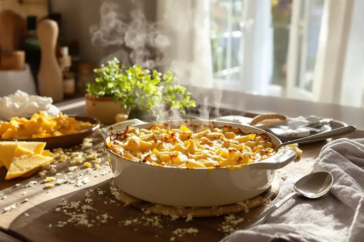 Un plat fumant de gratin de p&acirc;tes au four, dor&eacute; et app&eacute;tissant, pr&ecirc;t &agrave; &ecirc;tre d&eacute;gust&eacute;.