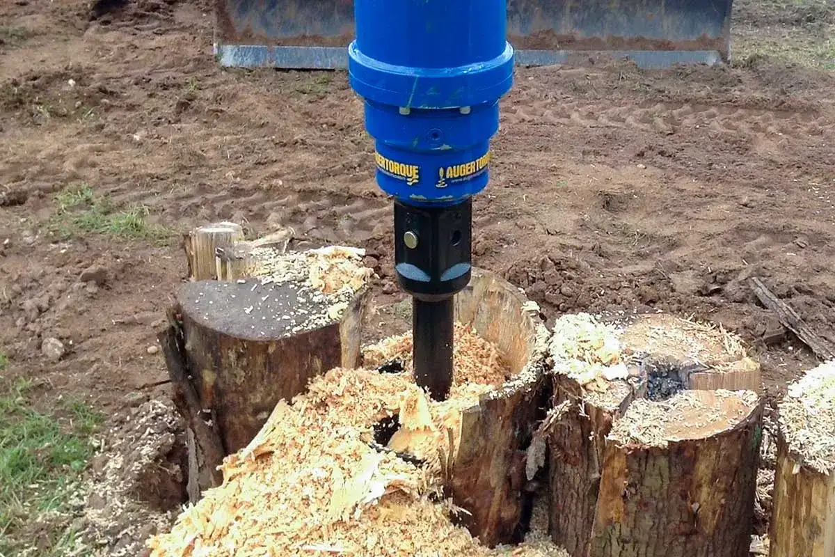 Ein blauer Bohrer wird verwendet, um einen Baumstumpf zu entfernen. Holzsp&auml;ne fliegen beim Bohren.