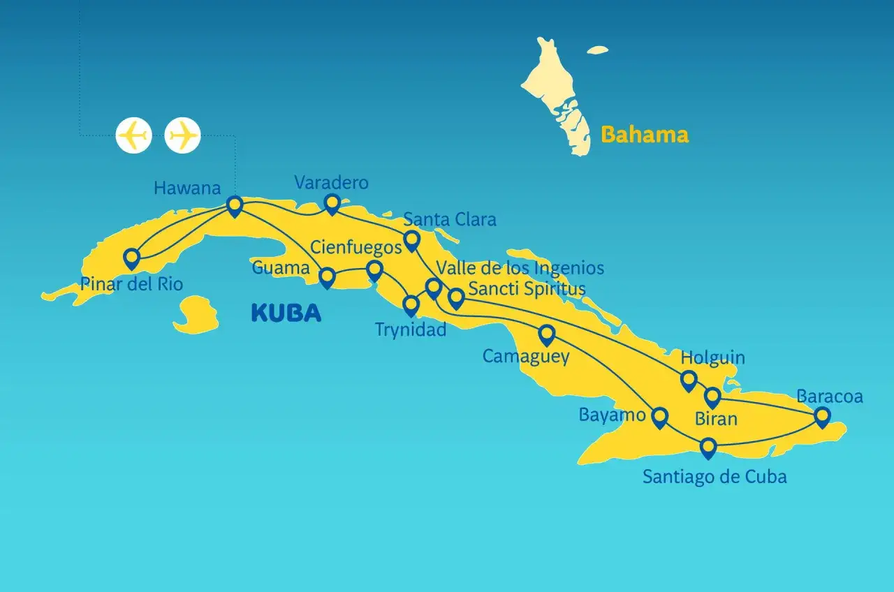 Mapa Kuby z zaznaczonymi trasami wycieczki: Hawana, Varadero, Trinidad, Santiago. Podróż po Kubie to niezapomniane wrażenia.
