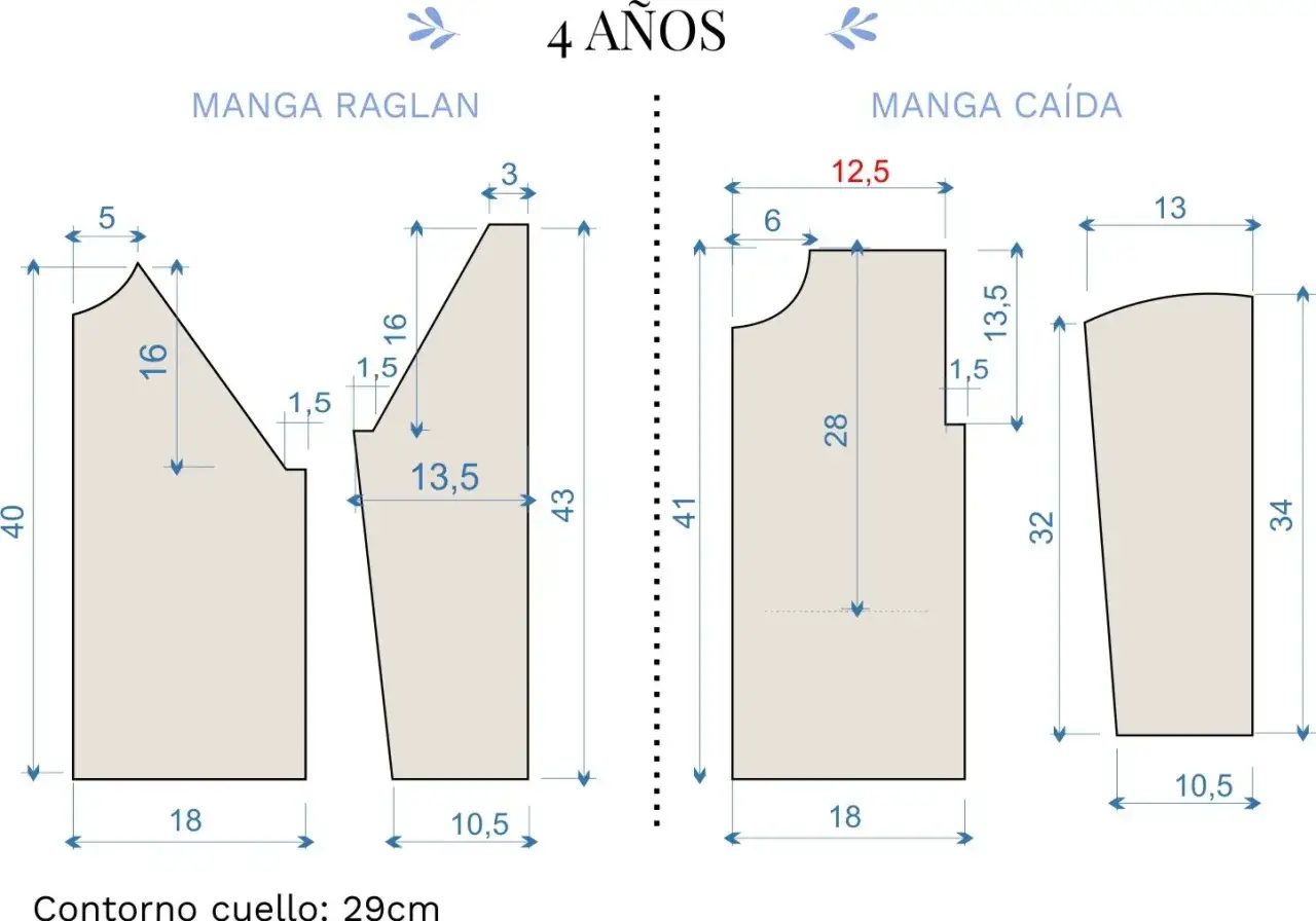 Patrones para tejer jersey ni&ntilde;o 4 a&ntilde;os: manga ragl&aacute;n y manga ca&iacute;da, con medidas detalladas.