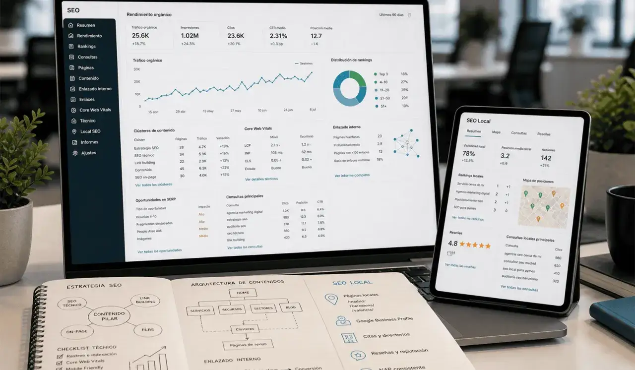 Análisis de SEO digital marketing en pantalla de portátil y tablet, con gráficos y datos de rendimiento orgánico y local.