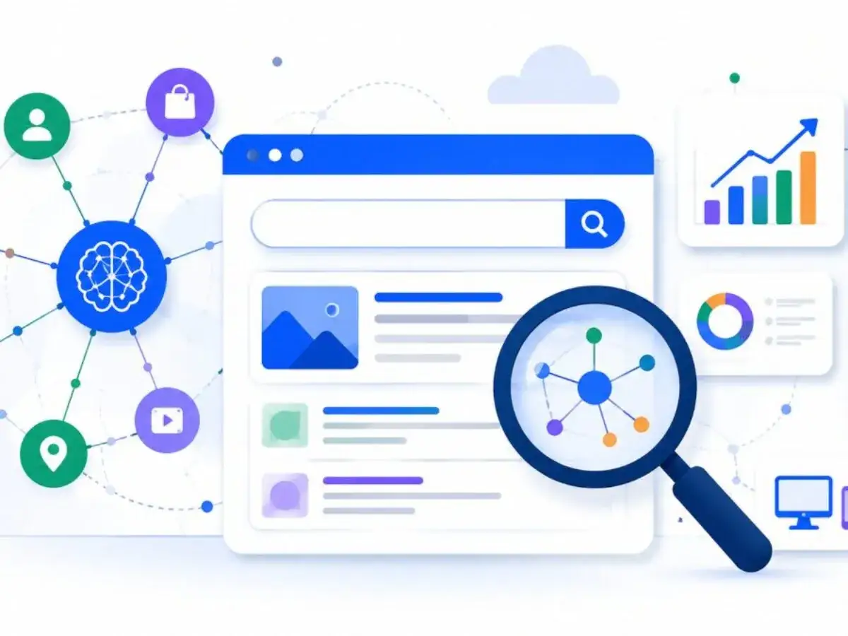 Interfaz de b&uacute;squeda con lupa, cerebro y gr&aacute;ficos. La enterprise search organiza informaci&oacute;n para an&aacute;lisis y crecimiento.