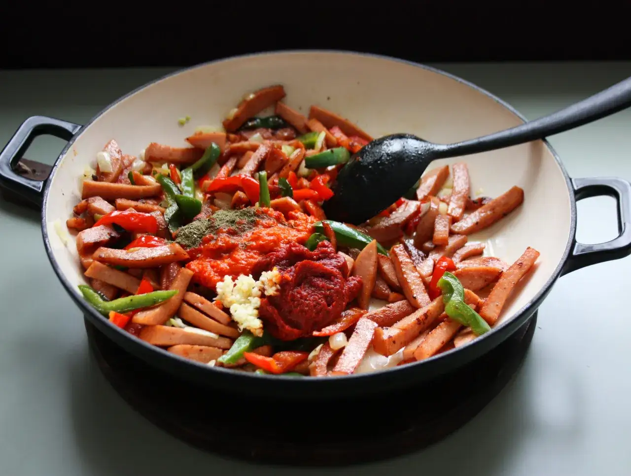 En panna med skivad falukorv, paprika, lök och tomatpuré. Enkel korvgryta recept på gång!