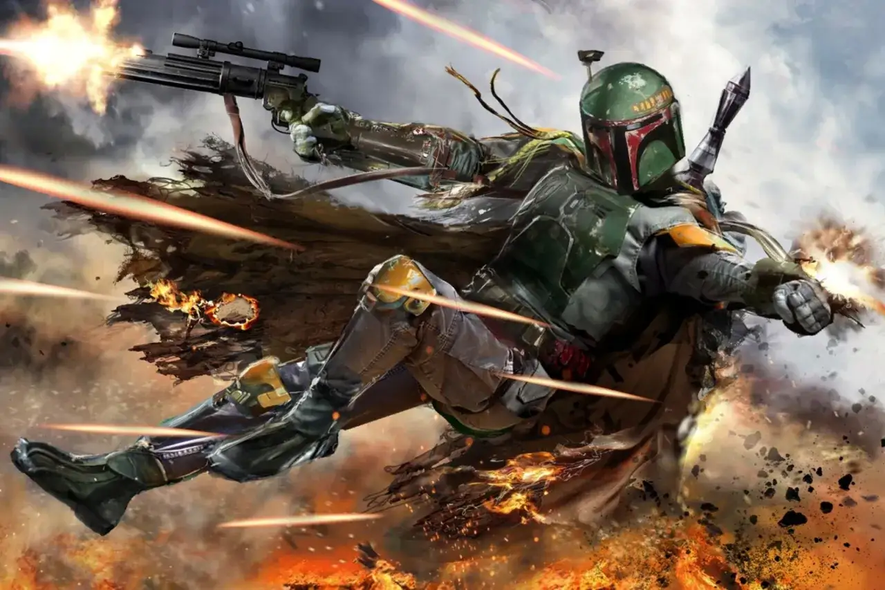 Boba Fett w akcji, otoczony eksplozjami i strzałami. Jego zbroja lśni, a w ręku dzierży broń. To jak żywa księga Boby Fetta, pełna przygód.