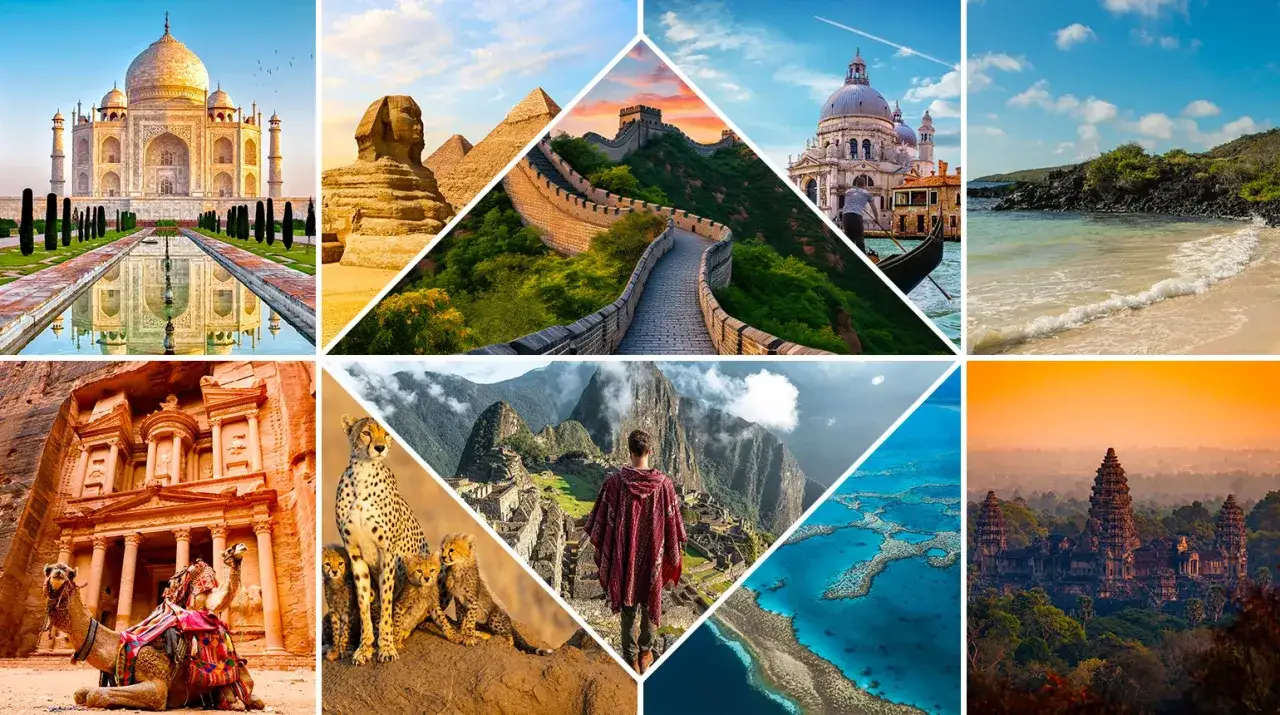 Fascynujące ciekawostki ze świata: Tadż Mahal, Sfinks, Wielki Mur, Wenecja, plaża, Petra, gepardy, Machu Picchu, Wielka Rafa Koralowa, Angkor Wat.