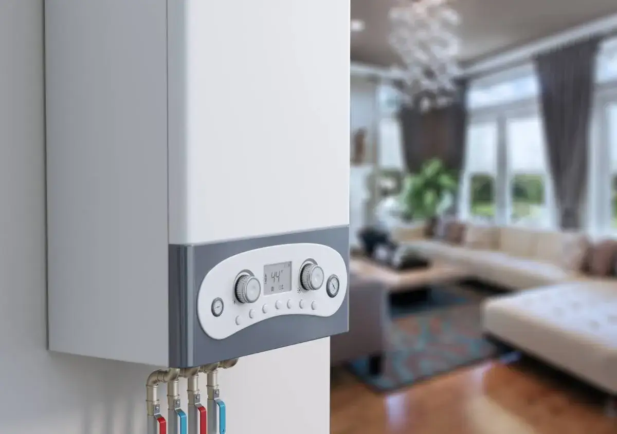 Caldaia moderna a condensazione, con display digitale e manopole, installata su una parete bianca. Sullo sfondo, un soggiorno accogliente. La caldaia parte da sola per garantire comfort.