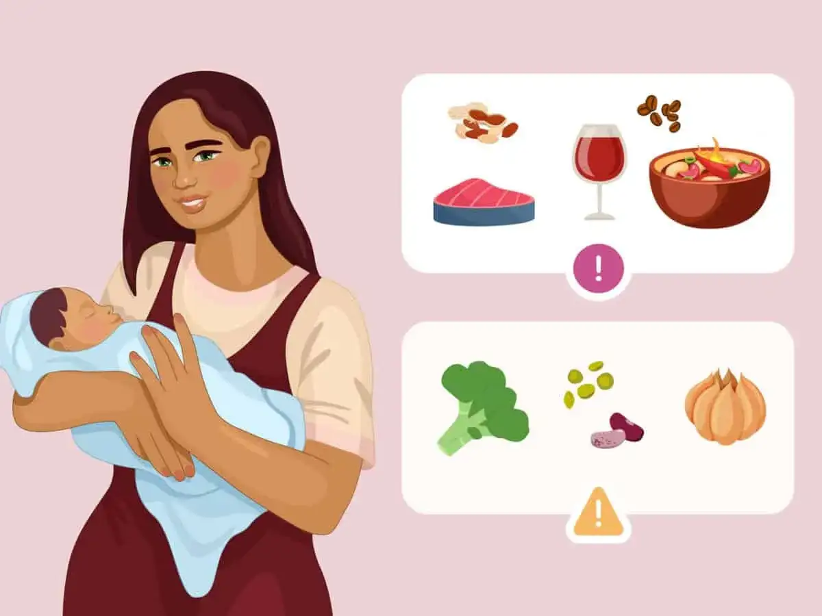 Mama karmiąca z dzieckiem. Obok grafiki pokazujące produkty, kt&oacute;re mogą wpływać na smak mleka matki: orzechy, mięso, wino, kawa, zupa, brokuły, fasola, czosnek.
