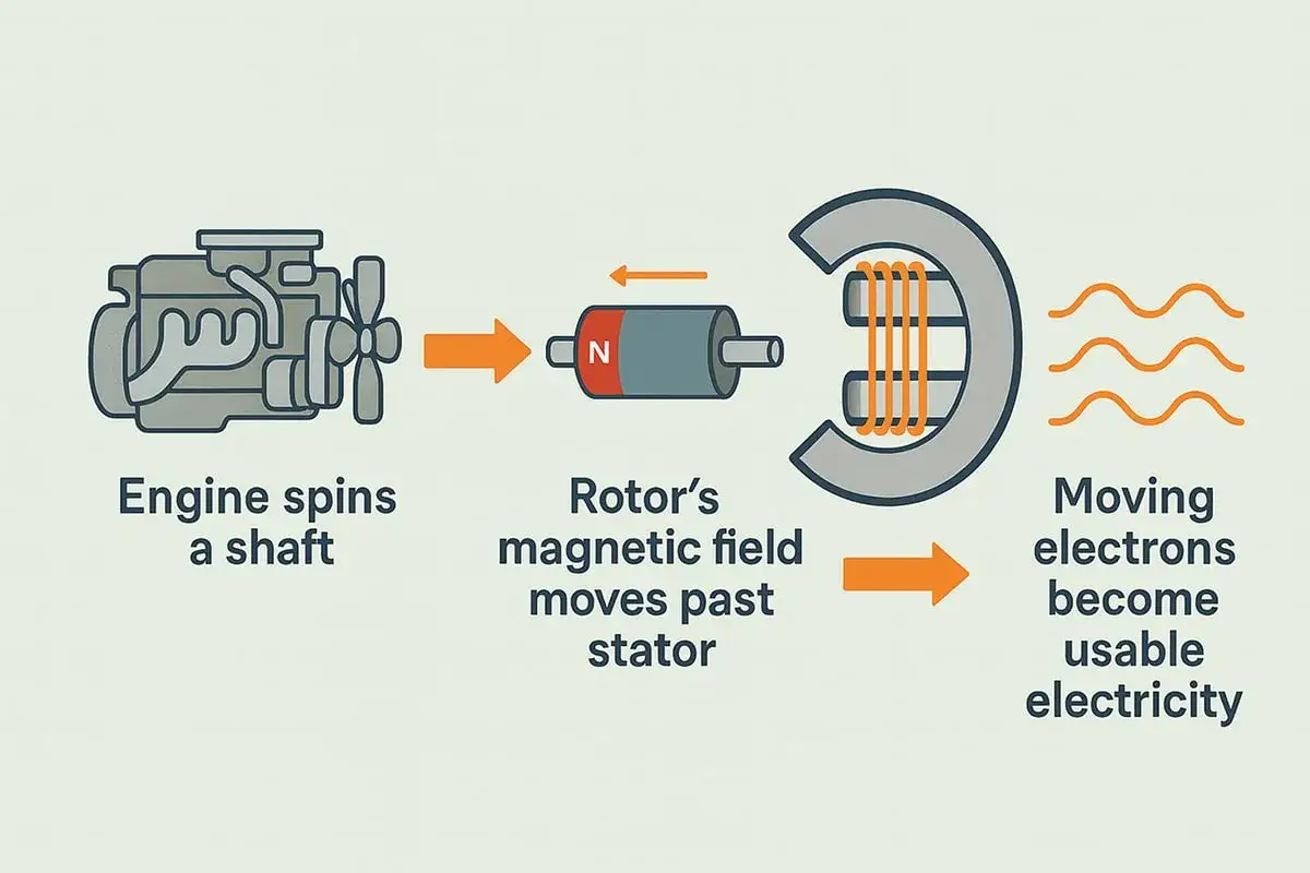 Un moteur fait tourner un arbre, cr&eacute;ant un champ magn&eacute;tique qui g&eacute;n&egrave;re de l'&eacute;lectricit&eacute;. Voil&agrave; quelle puissance pour un groupe &eacute;lectrog&egrave;ne !