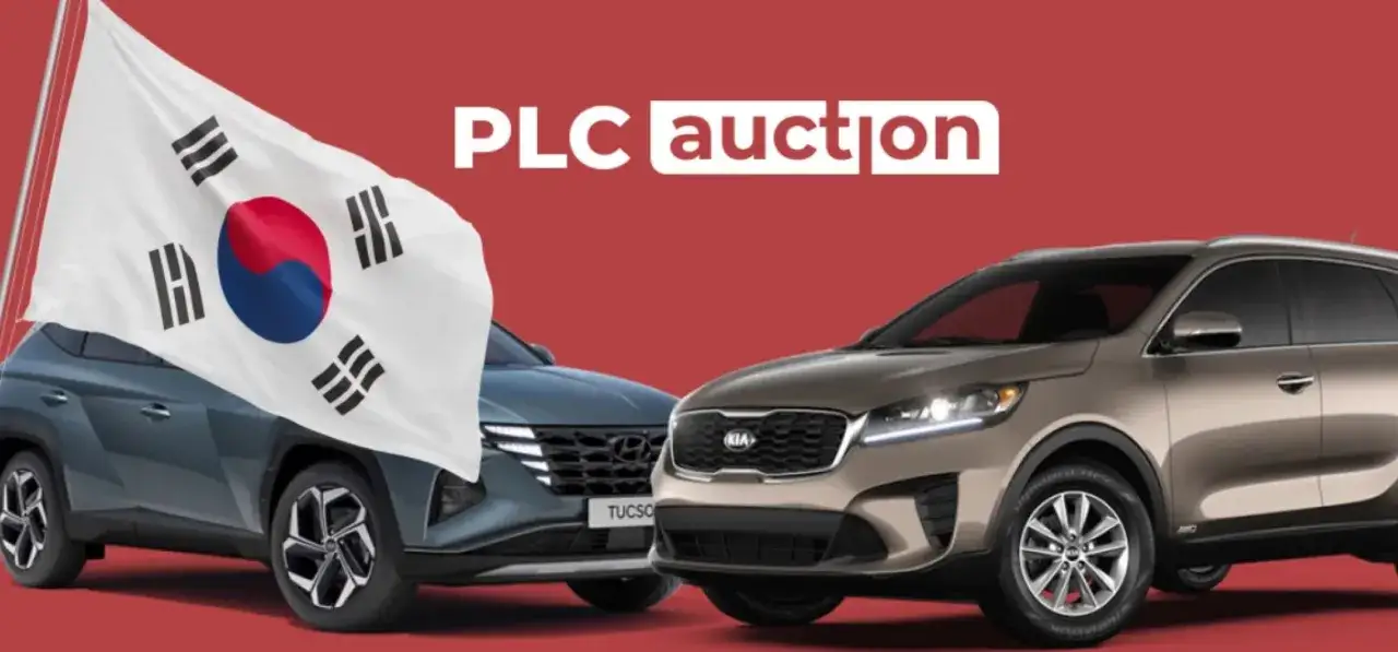 Flaga Korei Południowej nad dwoma SUV-ami, Hyundai Tucson i Kia Sorento. PLC auction - Twoje auto z Korei.