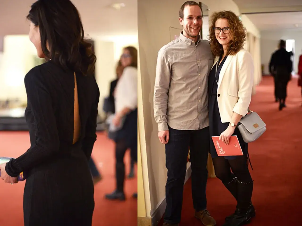 Elegant gekleidet für die Oper: Eine Frau in schwarzem Kleid mit Rückenausschnitt und ein Paar in schicker Abendgarderobe.
