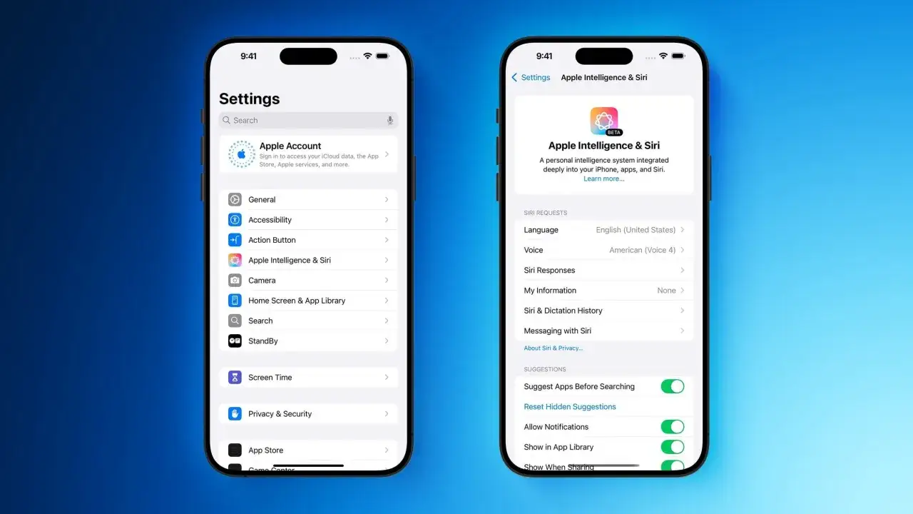 Inställningar för Apple Intelligence & Siri. Här kan du aktivera Siri och anpassa dess funktioner, som språk och röst.