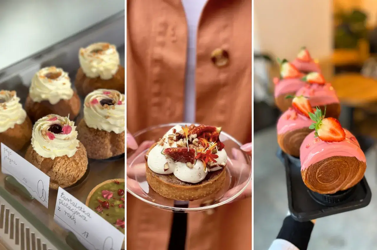Słodkości w cukierni: kremowe ptysie, tartaletka z pistacjami i figami, różowe croissanty. Zastanawiasz się, ile kosztuje kg ciasta?