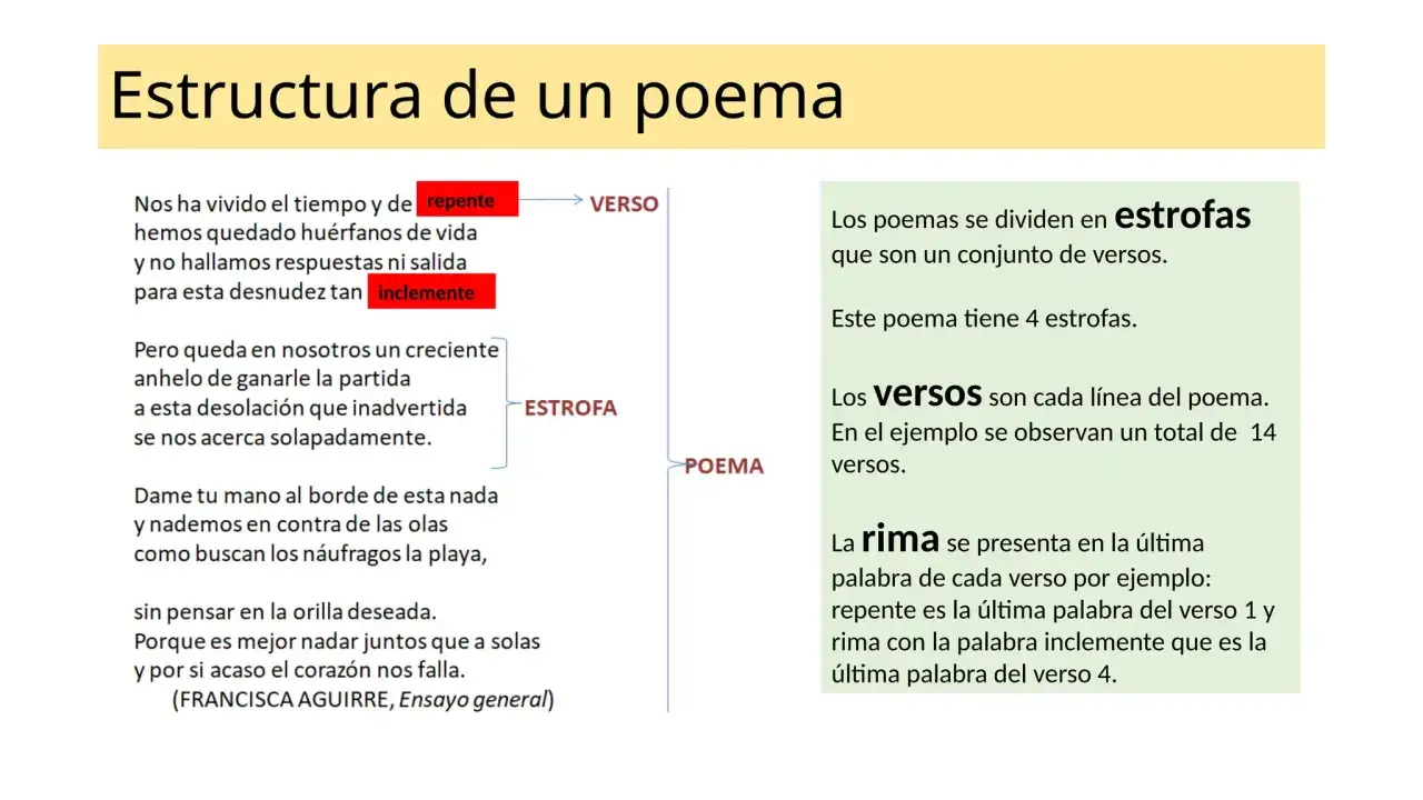 Un verso es cada l&iacute;nea de un poema. Aqu&iacute; se muestra la estructura de un poema con versos, estrofas y rima.
