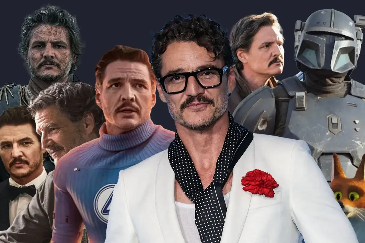 Pedro Pascal i olika roller från sina filmer och serier, inklusive The Mandalorian.