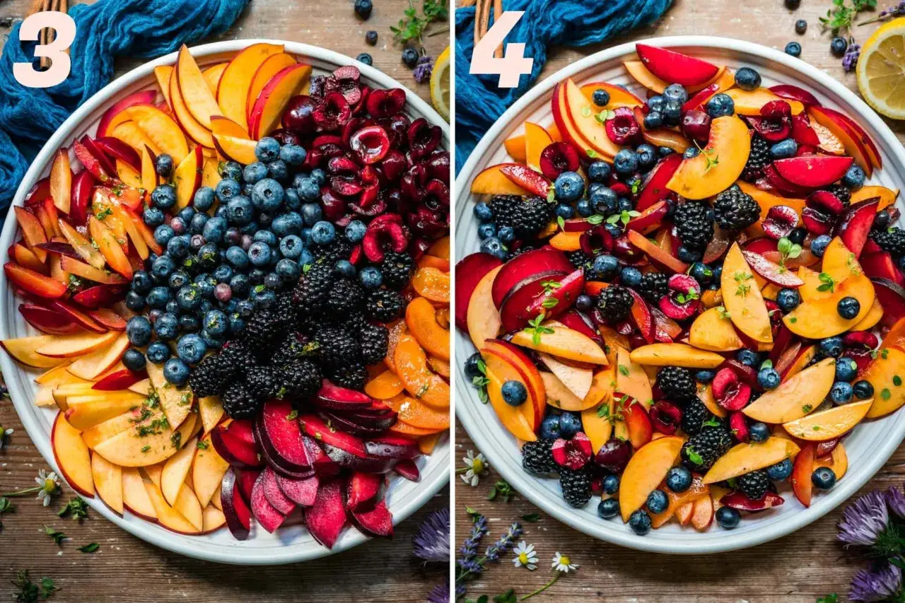 Ein bunter, sommerlicher Melonensalat mit Pfirsichen, Pflaumen, Blaubeeren und Brombeeren, garniert mit Kr&auml;utern.