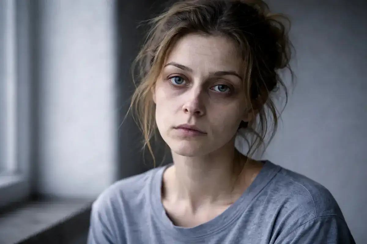 Zmęczona kobieta z cieniami pod oczami. Ziemista cera przyczyny mogą być różne: stres, brak snu, dieta.