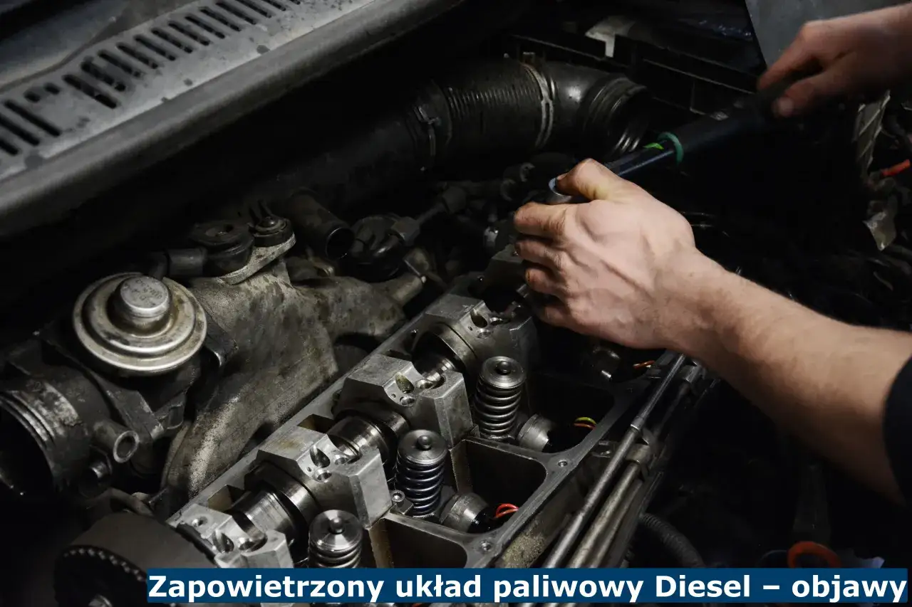 Mechanik pracuje nad silnikiem Diesla, próbując rozwiązać problem zapowietrzony układ paliwowy. Widoczne elementy silnika i narzędzia.