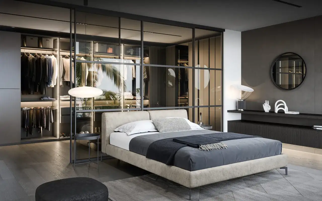 Modernes Schlafzimmer mit begehbarem Kleiderschrank, Bett und stilvoller Beleuchtung. Tolle zimmer inspo f&uuml;r minimalistisches Design.