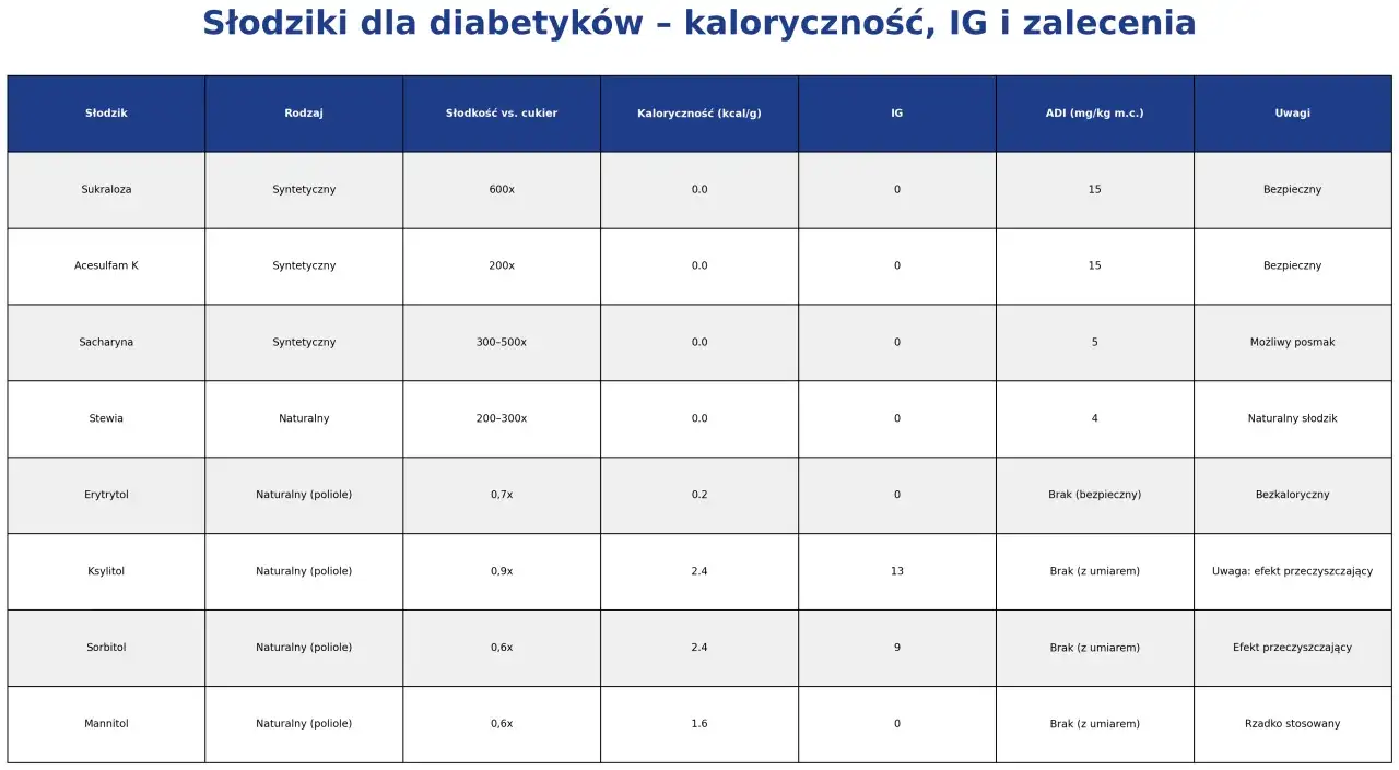 Tabela porównuje słodziki dla diabetyków: sukraloza, stewia, erytrytol. Wskazuje ich słodkość, kaloryczność, IG i zalecenia.