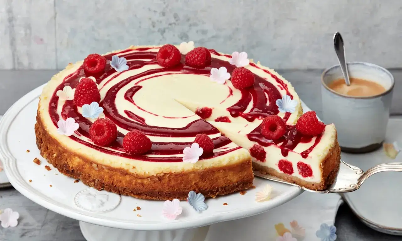 Ein k&ouml;stlicher no bake Himbeer Cheesecake mit frischen Himbeeren und Himbeersauce, verziert mit kleinen Bl&uuml;ten.