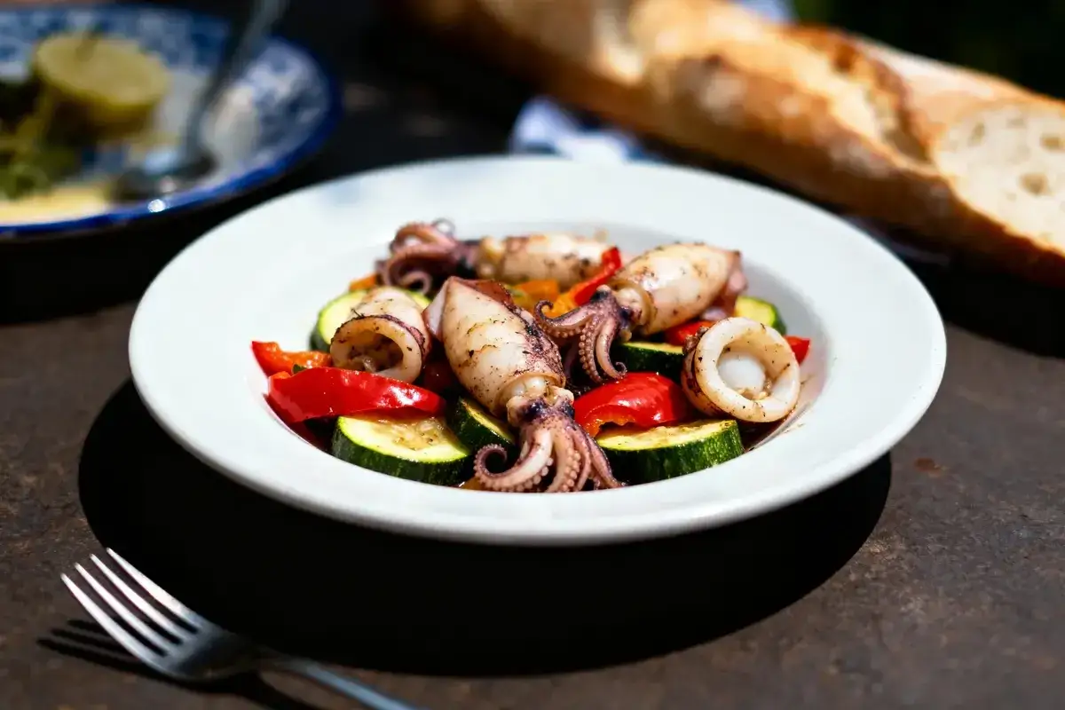 Calamars grillés sur un lit de légumes colorés, un accompagnement savoureux pour un repas ensoleillé.