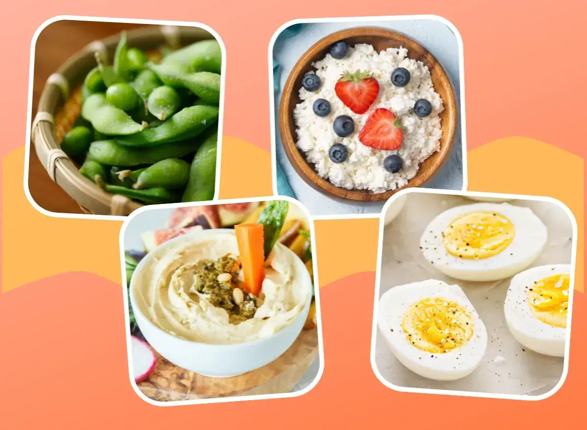 Gesunde Snacks mit wenig Kalorien: Edamame, Hüttenkäse mit Beeren, Hummus mit Gemüse und gekochte Eier.