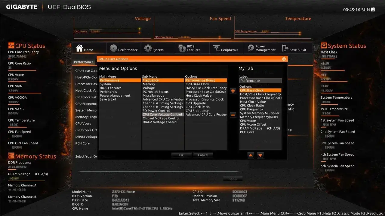 Ekran BIOS-u Gigabyte z opcjami konfiguracji, w tym ustawieniami CPU, pamięci i napięć. Można tu dostosować bios.