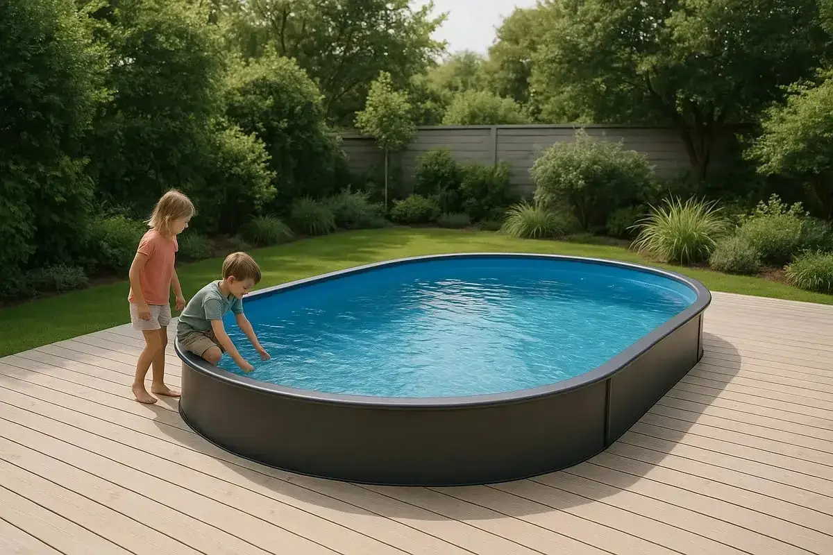 Två barn undersöker vattnet i en oval saltvatten pool på en altan, omgivna av grönskande trädgård.