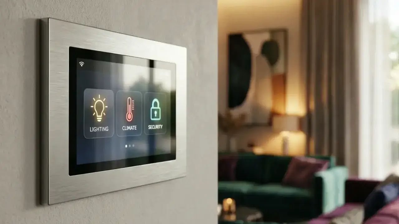 Panel t&aacute;ctil de hogar inteligente con control de iluminaci&oacute;n, clima y seguridad. Ideal para gestionar tu aire acondicionado con Alexa.