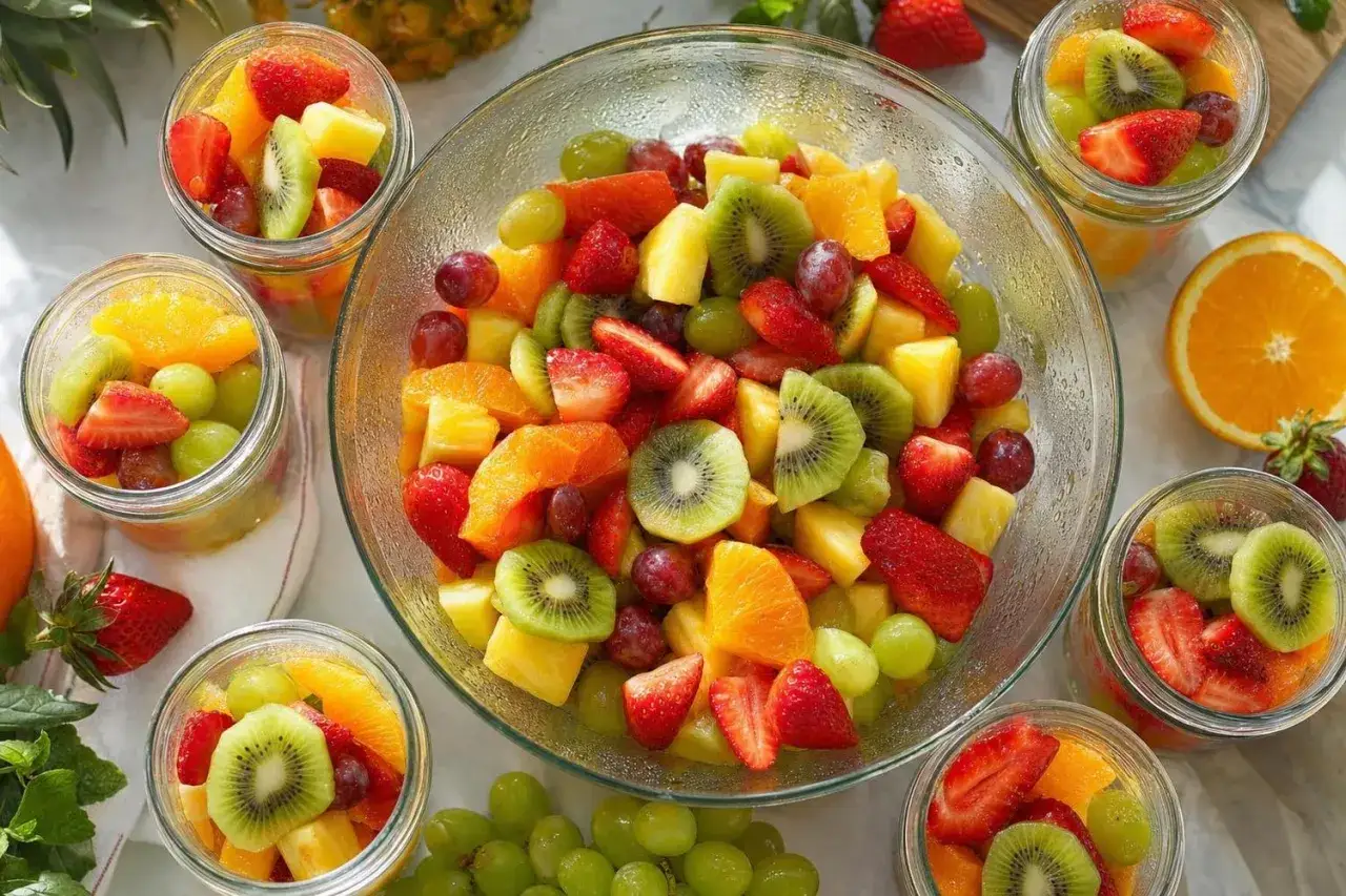 Une salade de fruits printemps colorée et fraîche, avec fraises, kiwis, oranges, ananas et raisins, servie dans un grand bol et des pots individuels.