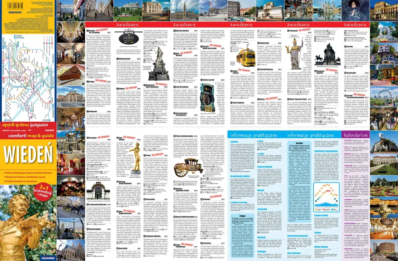 Mapa i przewodnik po Wiedniu, z zaznaczonymi atrakcjami, informacjami praktycznymi i schematem metra wiedeń.