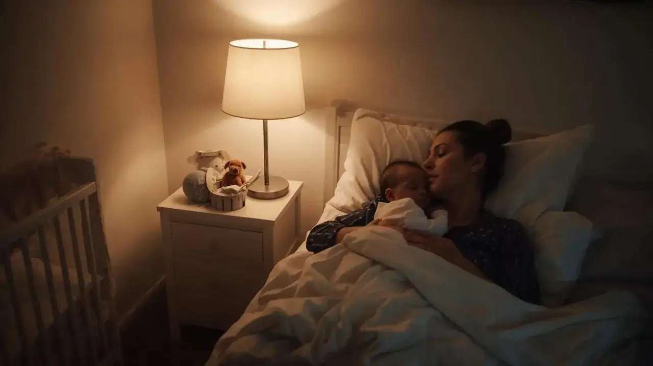 Matka tuli maleństwo, które wreszcie zasnęło po długim marudzeniu. Lampka nocna rzuca ciepłe światło na łóżko.