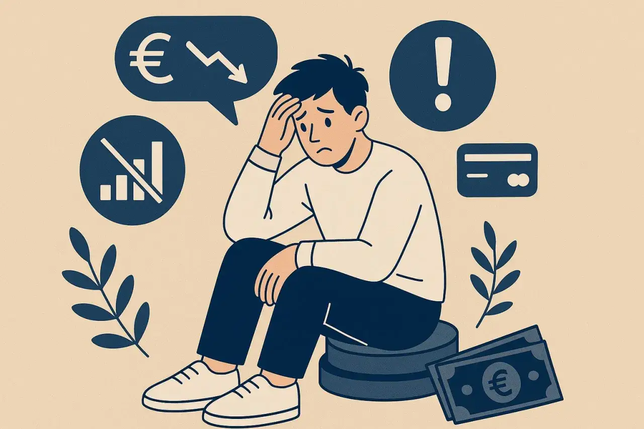 Een jongere zit in de problemen met jongeren en schulden. Symbolen van dalende euro's, een creditcard en een waarschuwing duiden op financiële stress.