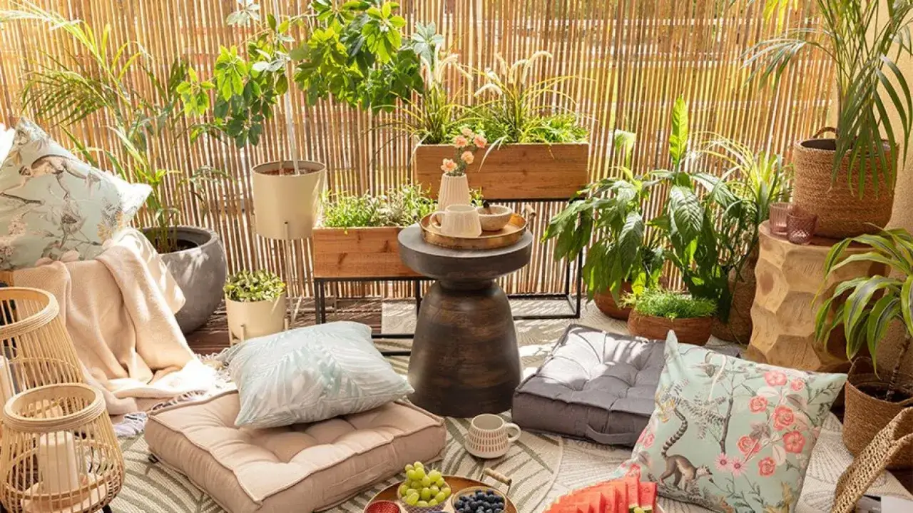 Balkon inspiracje: zielone rośliny, plecione kosze, poduszki z motywami tropikalnymi i owoce tworzą przytulną oazę.